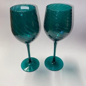 New Godinger RARE Vintage Blue Swirl Textured Glass Wine Glasses Glass Set of 2
